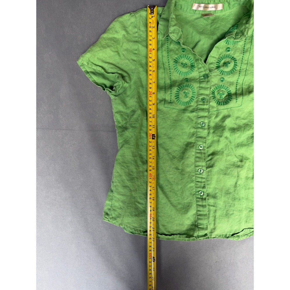 Ecologie Womens Small Lime Green 100% Linen Embroidered Short Sleeve Button Up - Picture 5 of 7